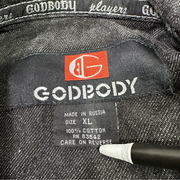 Vintage Godbody Black Denim Jacket Men’s Size XL Button Up Streetwear Hip Hop - Picture 2 of 13